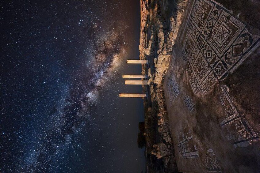 A starry night sky, ancient ruins, and a patterned floor. 5