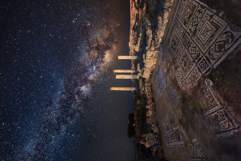 A starry night sky, ancient ruins, and a patterned floor. 3