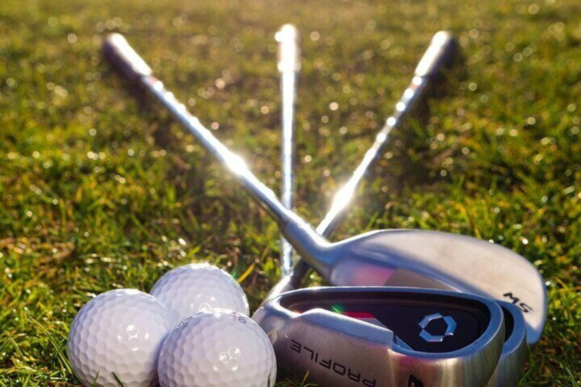 A golf club, golf balls, and a putting green. 3