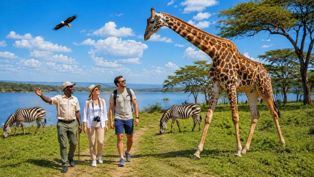 Un grupo de personas observando una jirafa y cebras cerca de un lago bajo un cielo despejado. 1