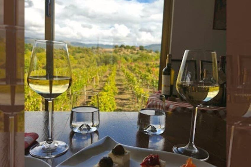 Una mesa con copas de vino y un plato de comida, con vistas a un viñedo. 2
