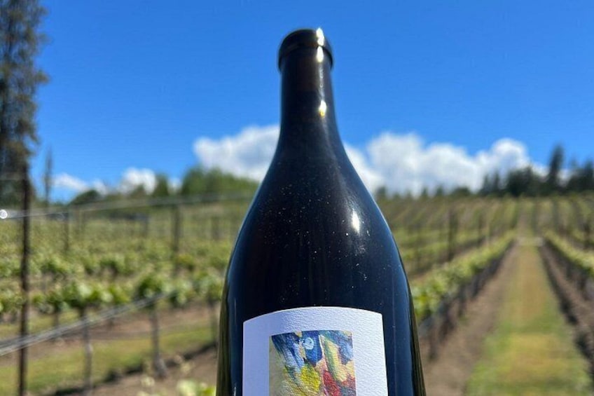 A wine bottle with a label in front of a vineyard. 2