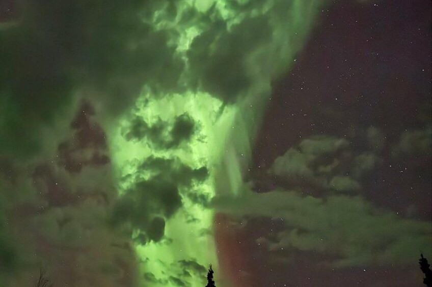 En natthimmel med grönt norrsken. 2