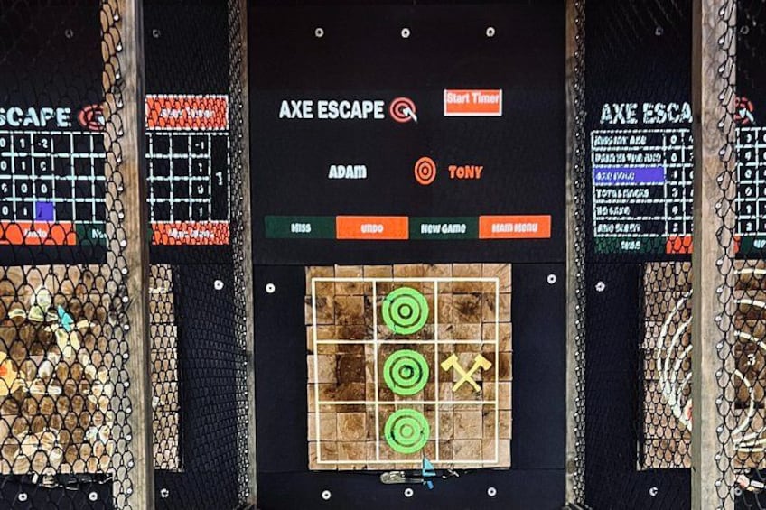 A game board for 'AXE ESCAPE' with two players, Adam and Tony, and a timer. 2