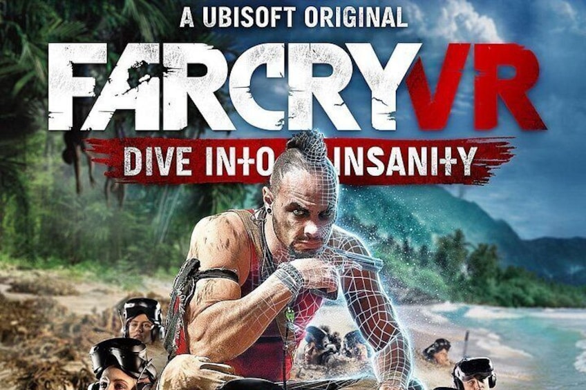 A VR game cover with a man in a red and black outfit, tropical scenery, and the text 'Far Cry VR Dive into Insanity'. 4