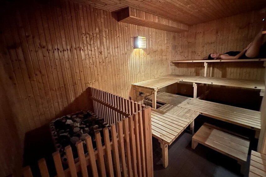 A wooden sauna with benches and a sloped ceiling. 5