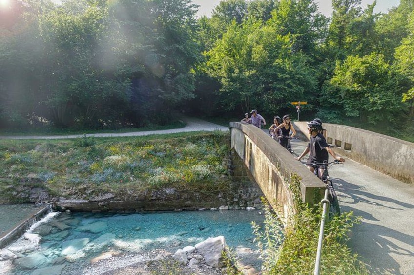 Un groupe de personnes se trouve sur un pont surplombant une piscine naturelle avec une cascade, le tout étant entouré de verdure. 3