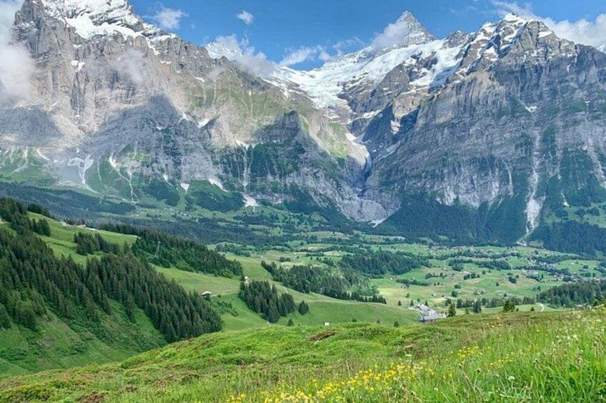 Eine gebirgige Landschaft mit schneebedeckten Gipfeln, einem Tal mit grünen Feldern und einem klaren Himmel. 5