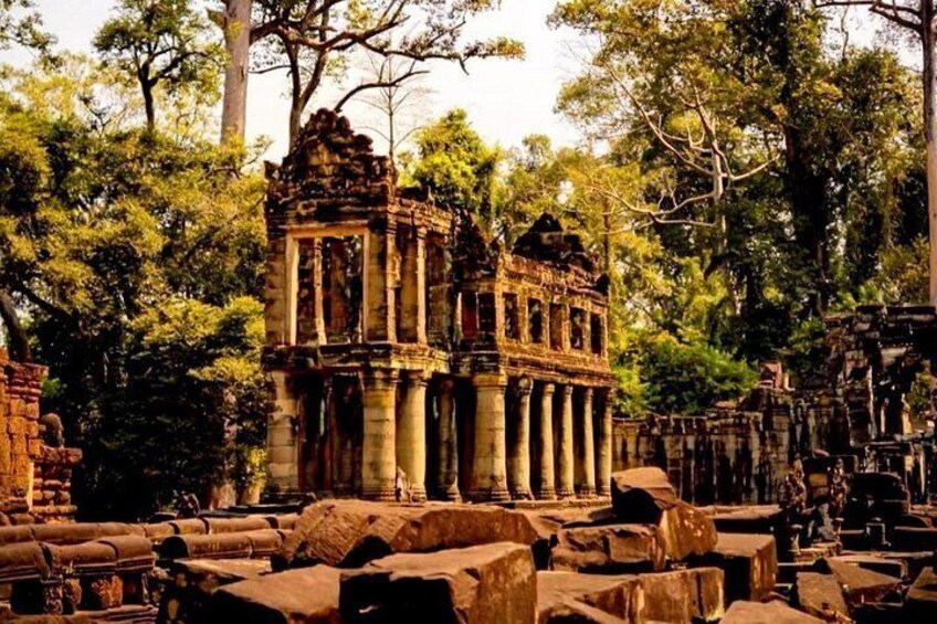 Ancient stone ruins with columns and intricate carvings, surrounded by dense trees. 2