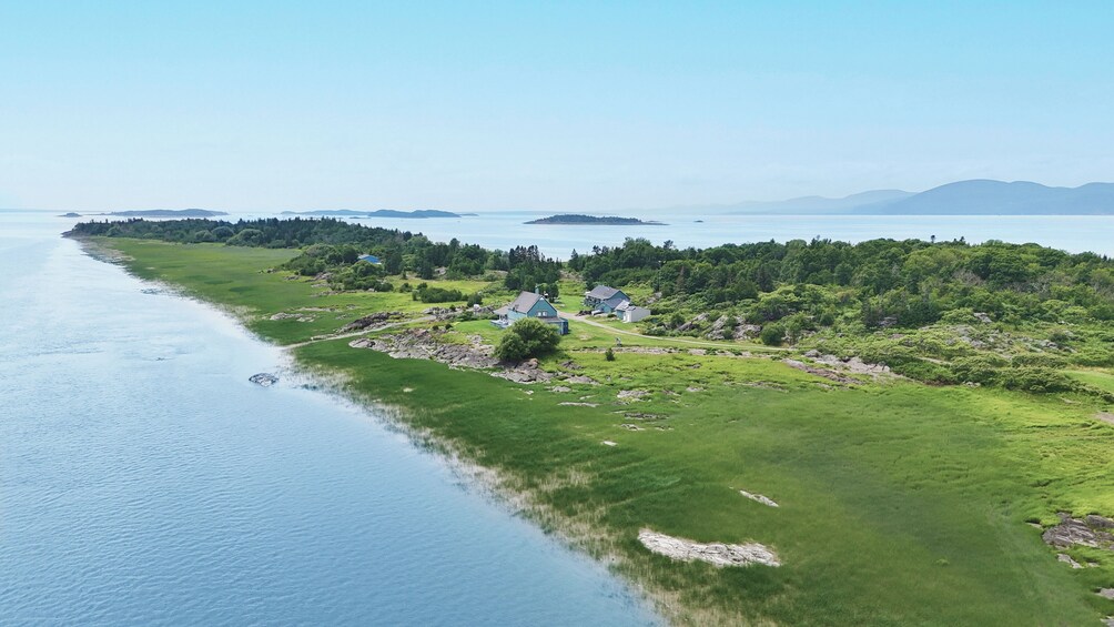 A coastal landscape with a small settlement, green fields, and a calm sea. 3