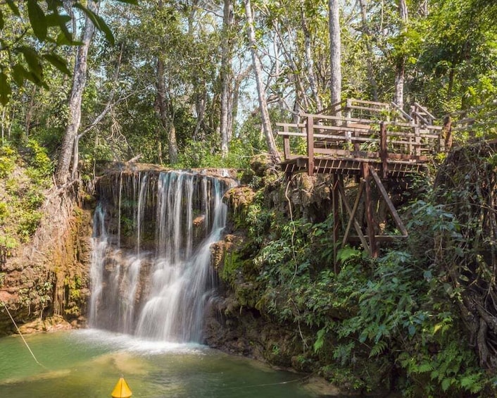 A waterfall cascading over rocks, surrounded by lush greenery and a wooden bridge. 3