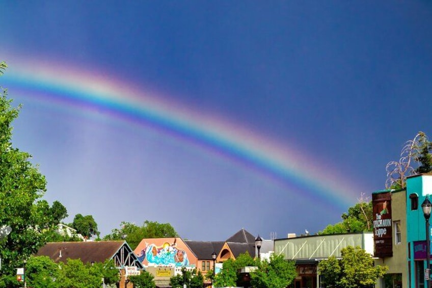 A rainbow over a town with buildings and trees. 4