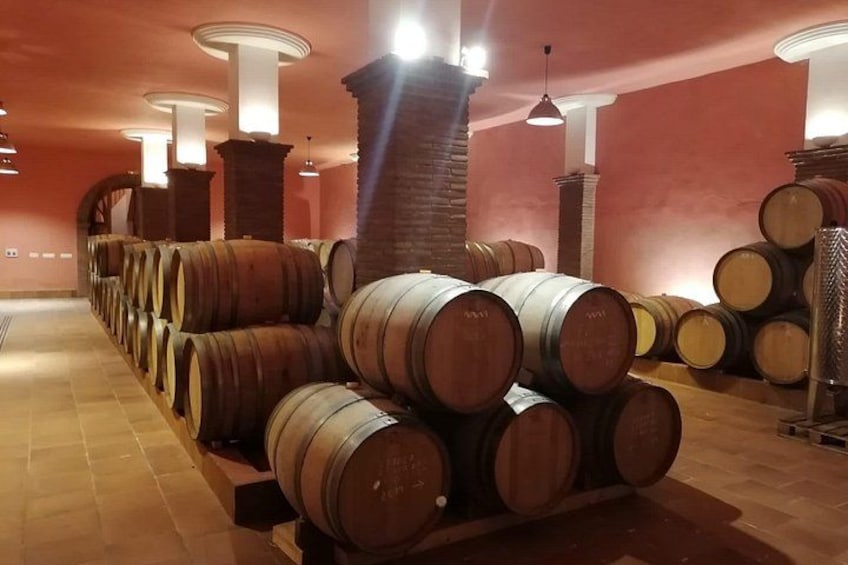 A wine cellar with wooden barrels stacked in rows. 3