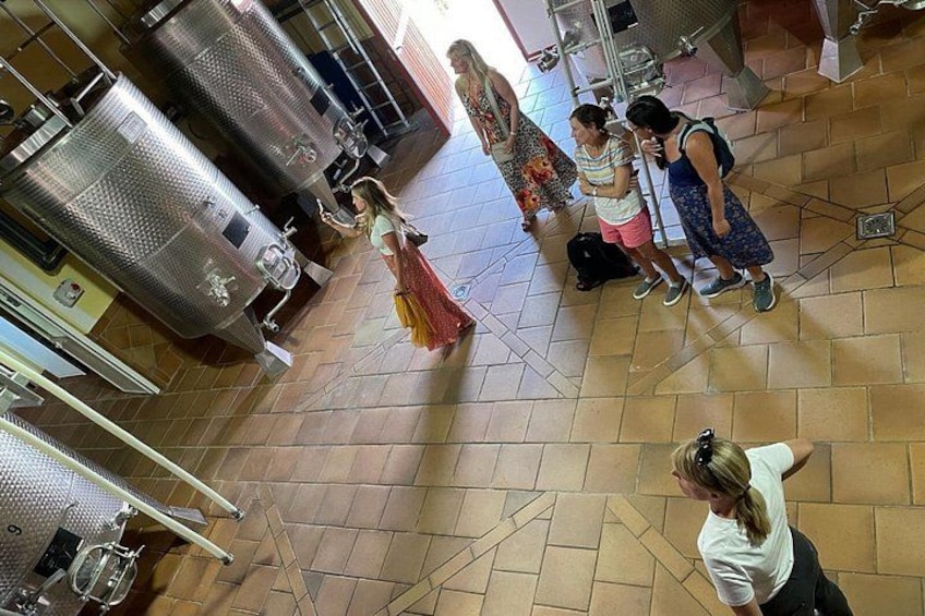 A group of people in a tiled room with large stainless steel tanks. 4