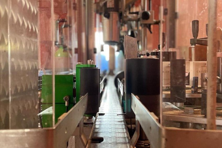 A conveyor belt system in a factory with machinery and containers. 5