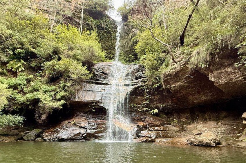 A waterfall cascading over rocks into a pond surrounded by lush greenery. 2