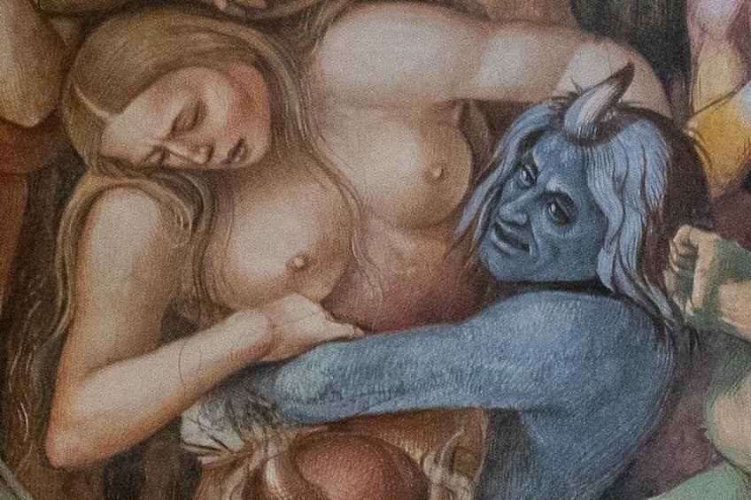 Una pintura con una figura humana y una criatura fantástica. 4