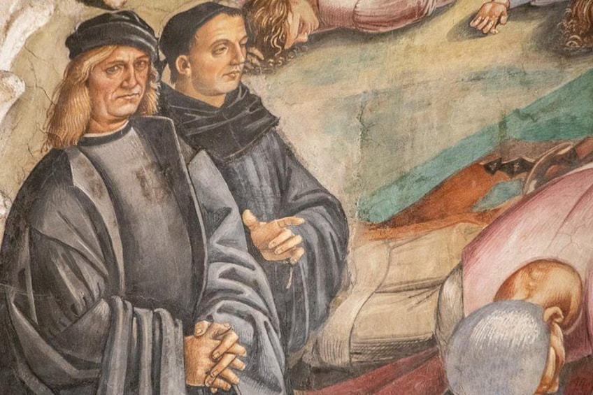 Un fresco con tres figuras vestidas con ropas de época, una acostada y otra extendiendo el brazo. 2