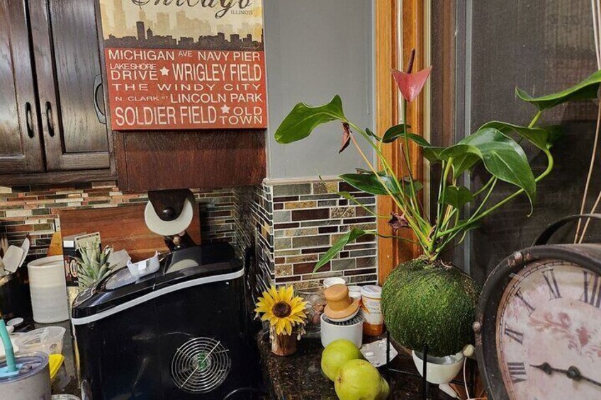 A kitchen counter with a coffee maker, a clock, a plant, and a sign listing Chicago landmarks. 2