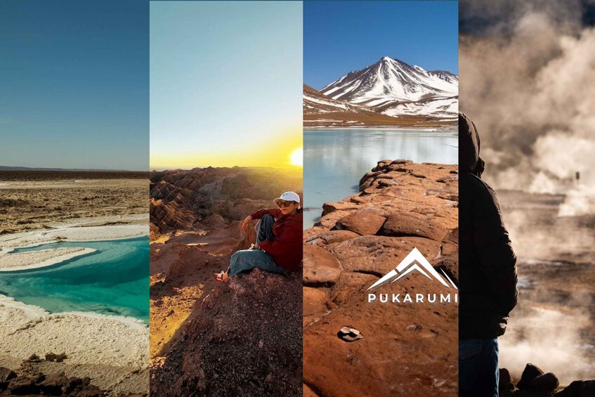 Una persona sentada sobre una roca cerca de un cuerpo de agua, una montaña con nieve y un logotipo con el texto 'PUKARUMI'. 1