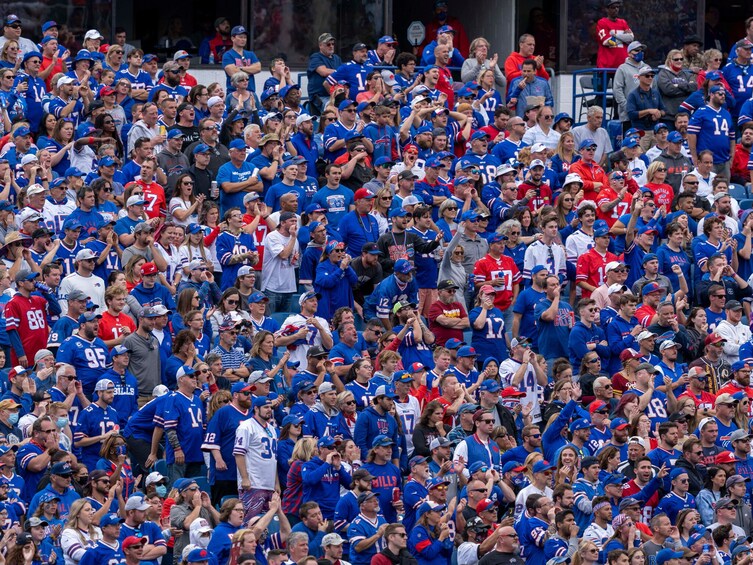 A crowded stadium filled with fans wearing blue and red team jerseys. 2