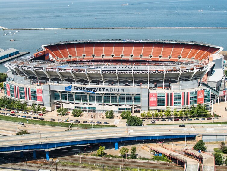 FirstEnergy Stadium with a view of the surrounding area including roads and a bridge. 2
