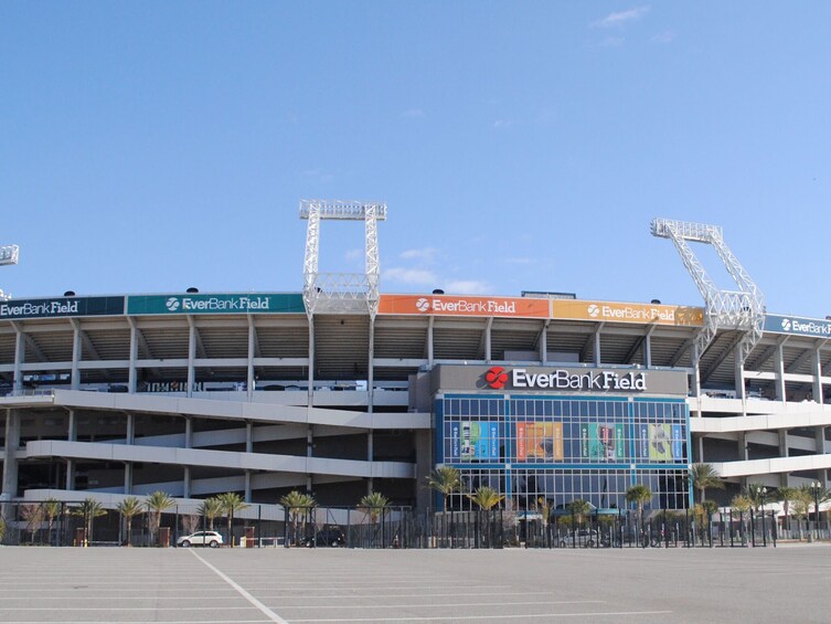 A multi-level parking structure with 'EverBank Field' signage. 2