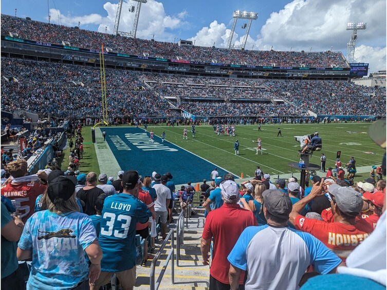 A football stadium filled with spectators, a football field, and a player in a teal jersey with the number 33. 1