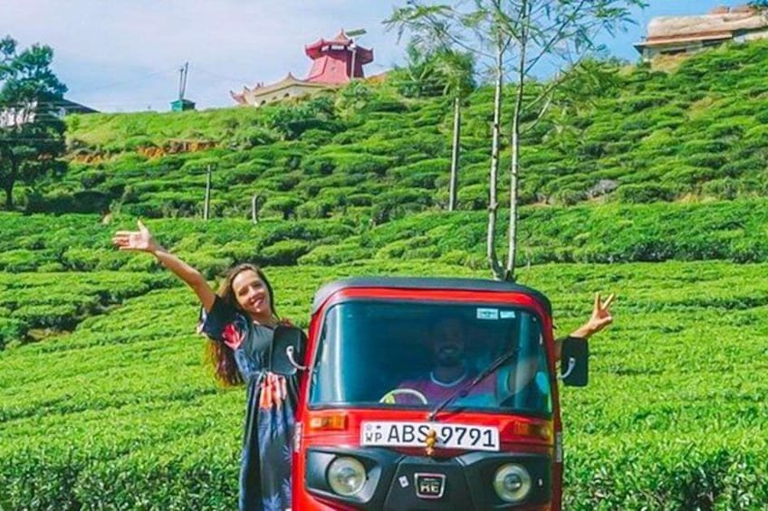 A red vehicle with a license plate on a lush green hillside. 1