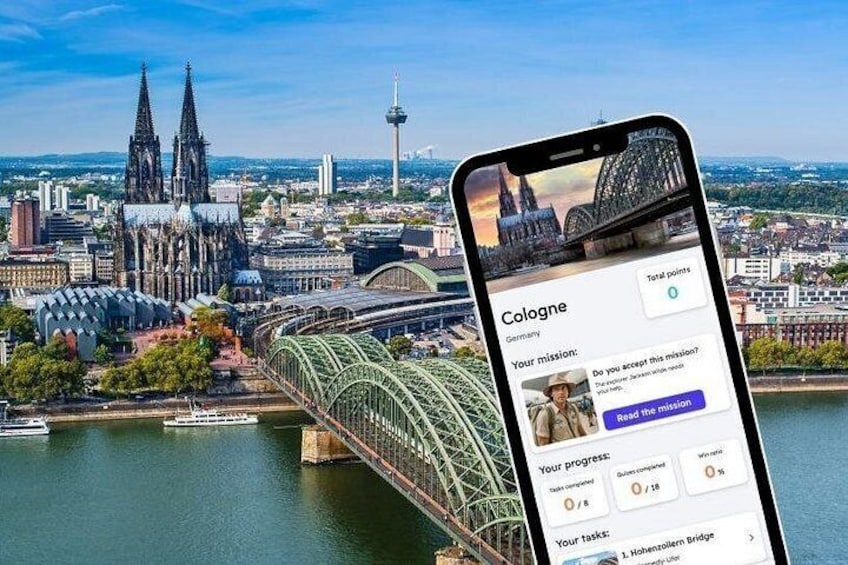Ein Smartphone zeigt eine Reise-App mit Stadtansicht im Hintergrund. 1