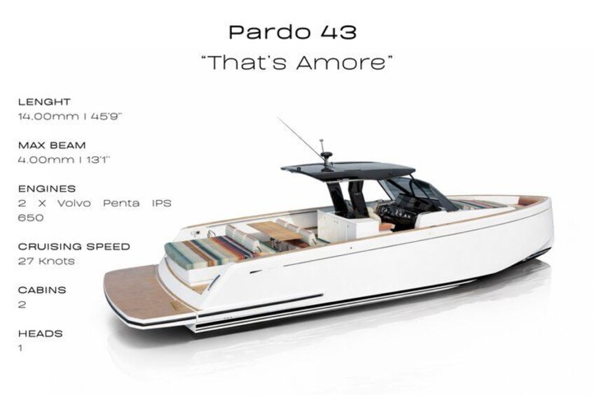 A Pardo 43 yacht with a length of 14.00mm, a maximum beam of 4.00mm, and a cruising speed of 27 knots. 3