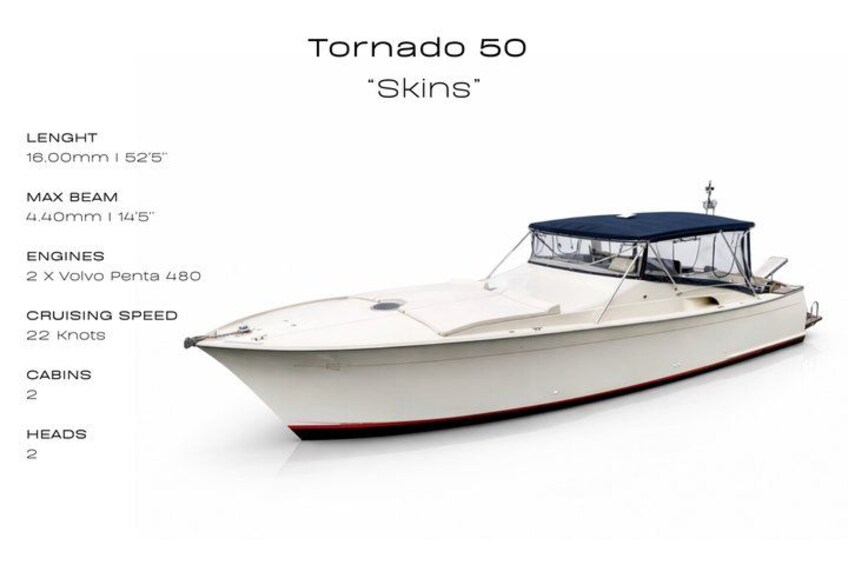 A white boat with a blue canopy, labeled 'Tornado 50 'Skins'. It has a length of 16.00mm, a max beam of 4.40mm, and a cruising speed of 12 knots. 2