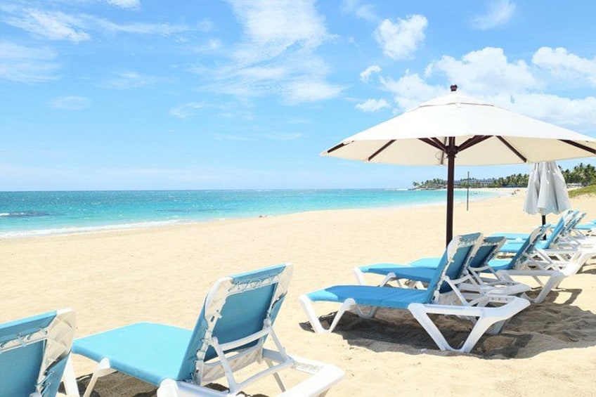 Une plage bordée de rangées de chaises longues bleues et blanches, protégées par un grand parasol, avec une étendue de sable et l’océan en toile de fond. 1