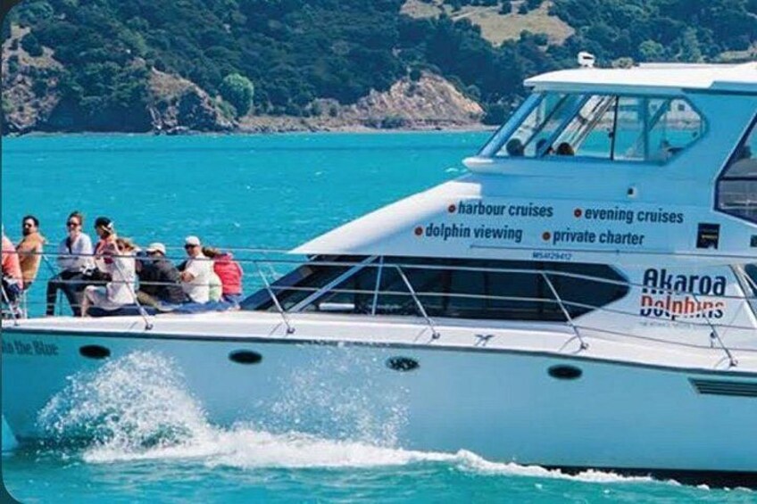 A boat with people on board, labeled 'Akaroa Dolphins.' 2