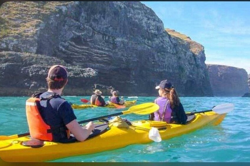 People kayaking on a calm sea with cliffs in the background. 4