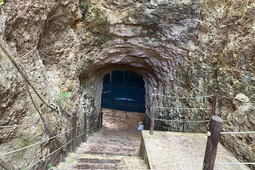 A cave entrance with a wooden staircase leading down. 5
