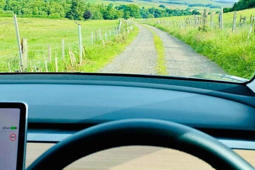 Un camino rural con sendero de tierra, rodeado de campos verdes y vallas de madera. 1