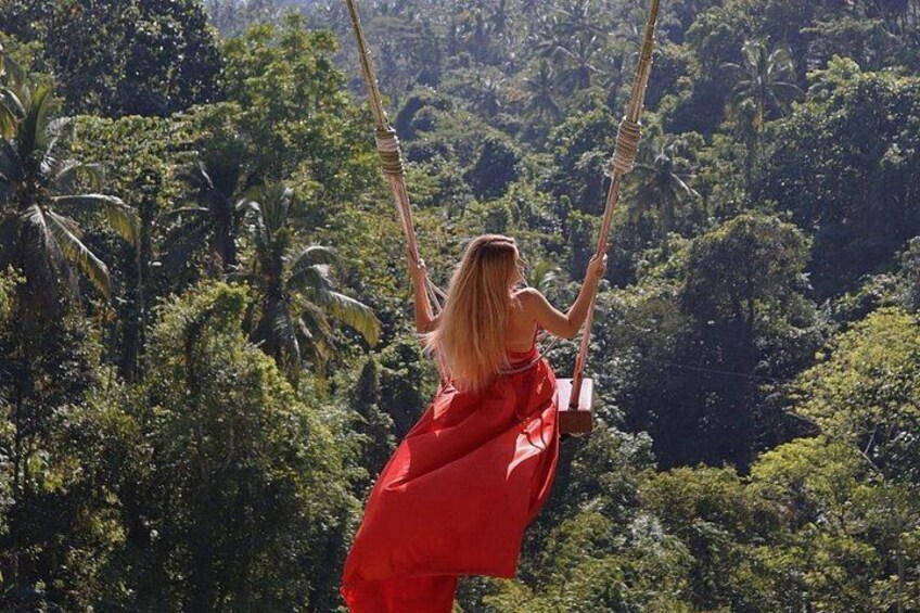 Una persona con un vestido rojo se balancea en un columpio sobre un bosque frondoso. 3