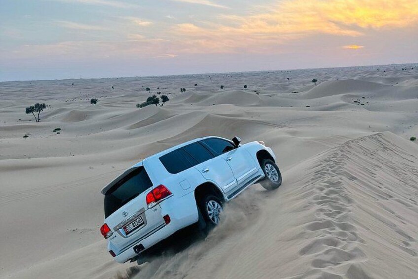 A white SUV driving through a desert with sand dunes and sparse vegetation. 1