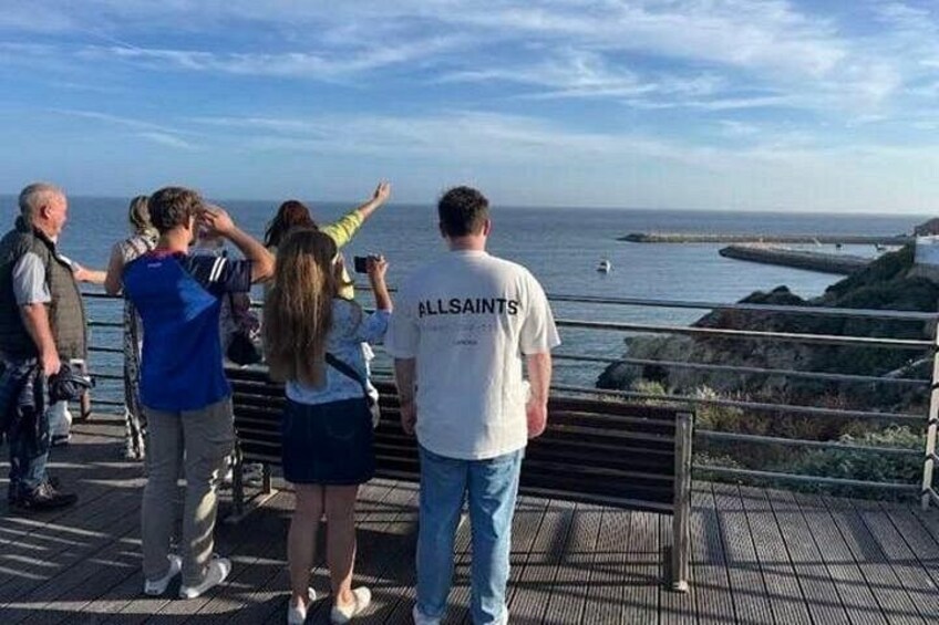 Un grupo de personas en un muelle mirando al océano. 1