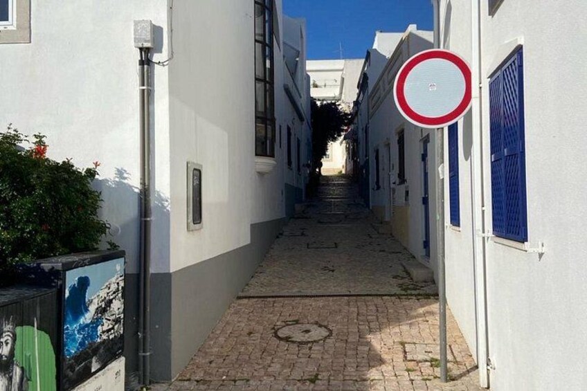 Una estrecha calle adoquinada bordeada por edificios blancos con contraventanas azules, una señal de prohibido pasar y un poste de metal con una caja. 2