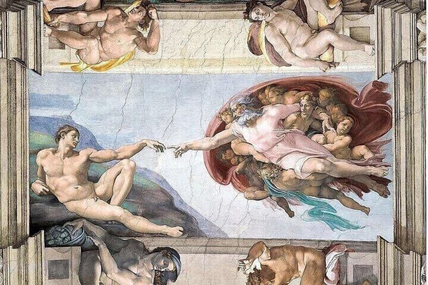 A fresco with figures in dynamic poses, classical architecture, and a landscape background. 1