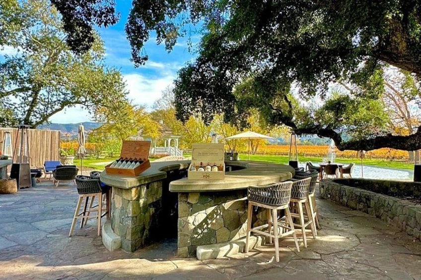 An outdoor patio with stone tables and chairs, surrounded by trees and a view of a vineyard. 5