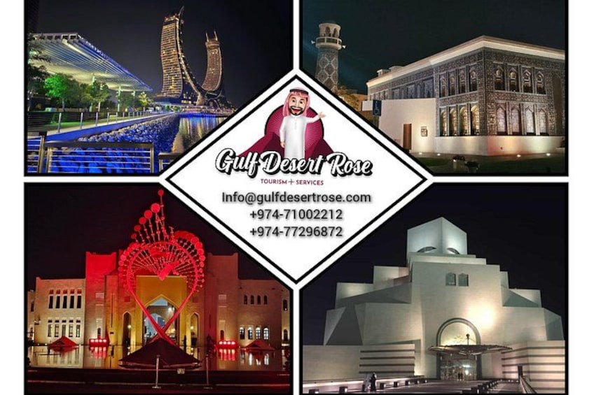 Illuminated buildings, a Ferris wheel, and a mosque. 1