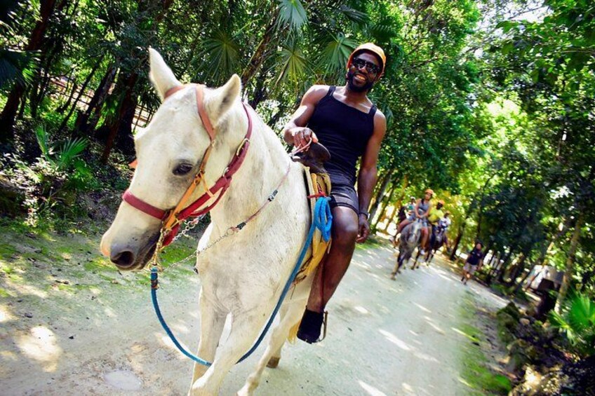 A person riding a white horse on a dirt path surrounded by greenery. 4