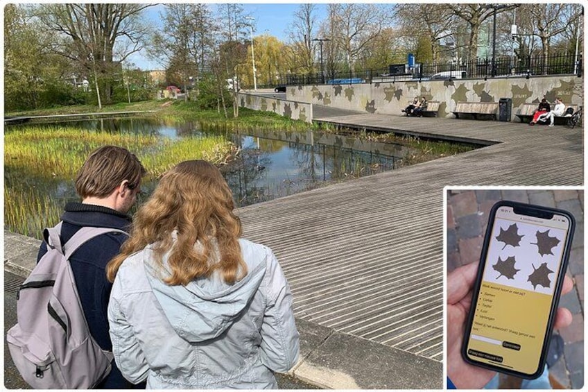 A couple sitting by a pond, a bridge, and a smartphone displaying a map. 2