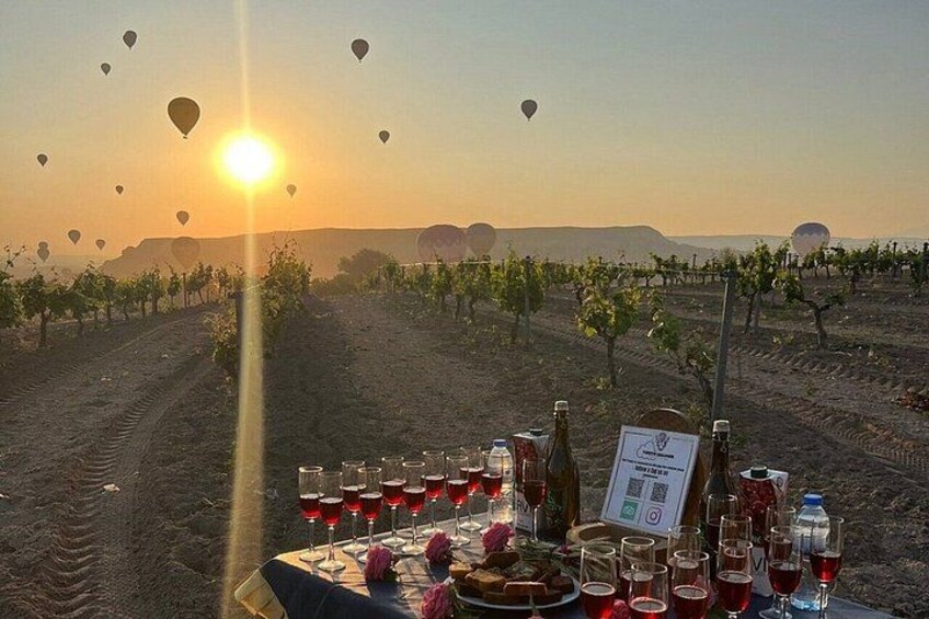 Un vignoble où une table est dressée pour un repas, entouré de montgolfières. 2