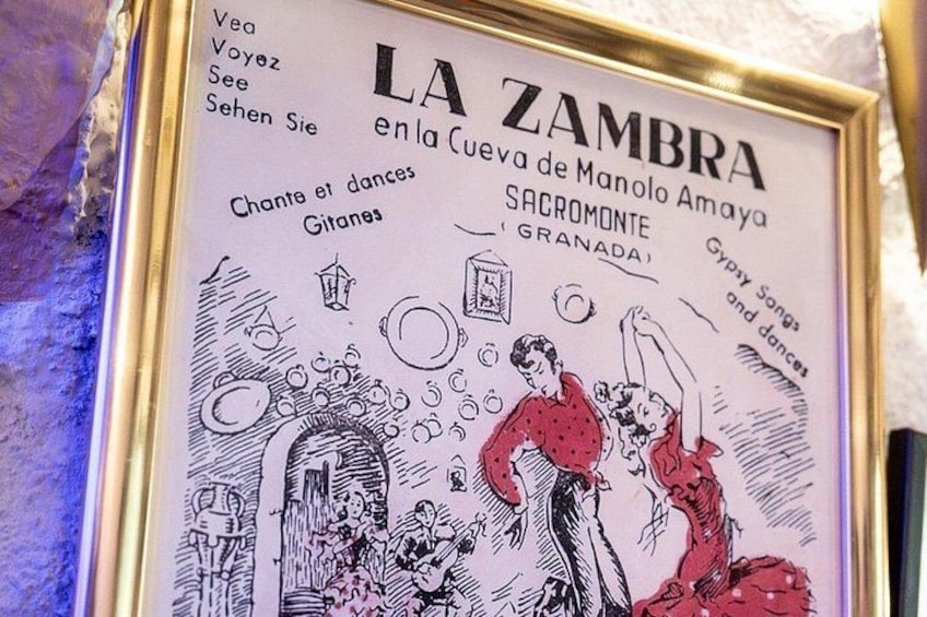 A framed poster with the title 'LA ZAMBRA' and mentions 'Chanta et dances' and 'Gypsy Songs and dances'. 4