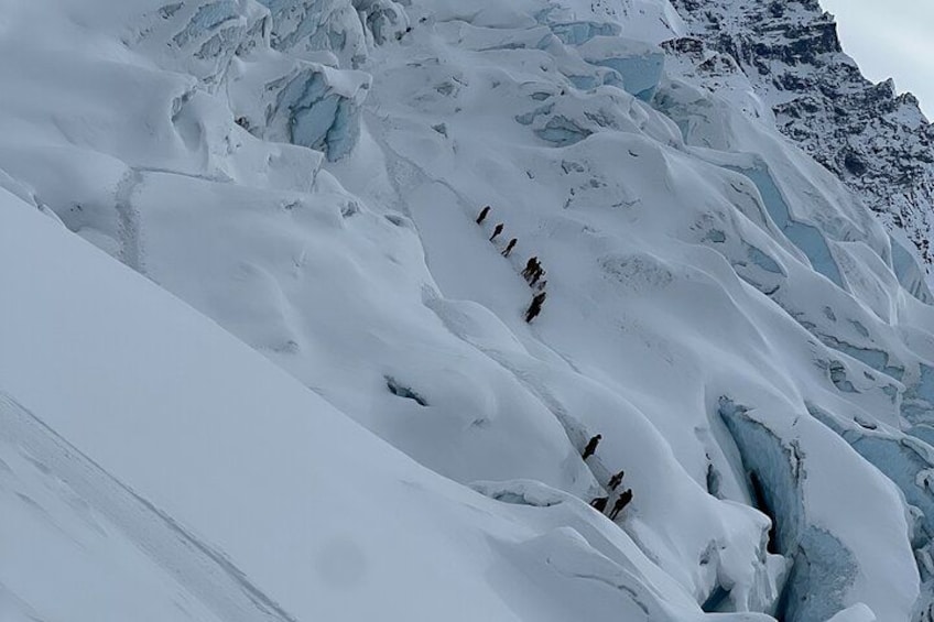 A glacier with crevasses and ice formations. 4