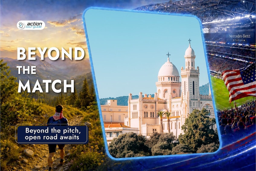 A stadium, a person hiking, and a historic building. 3